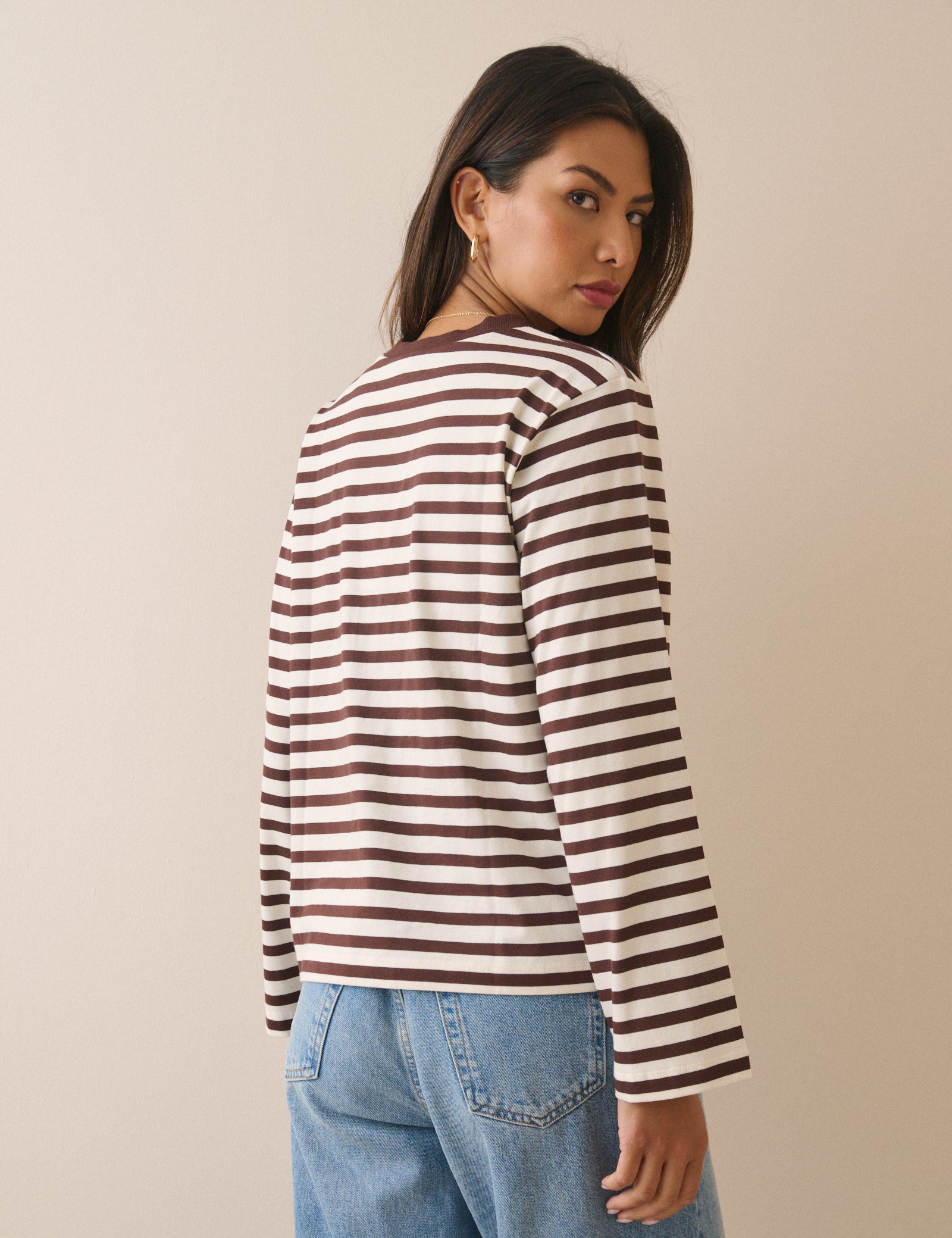 Brown Striped Wide Sleeve Jersey Top