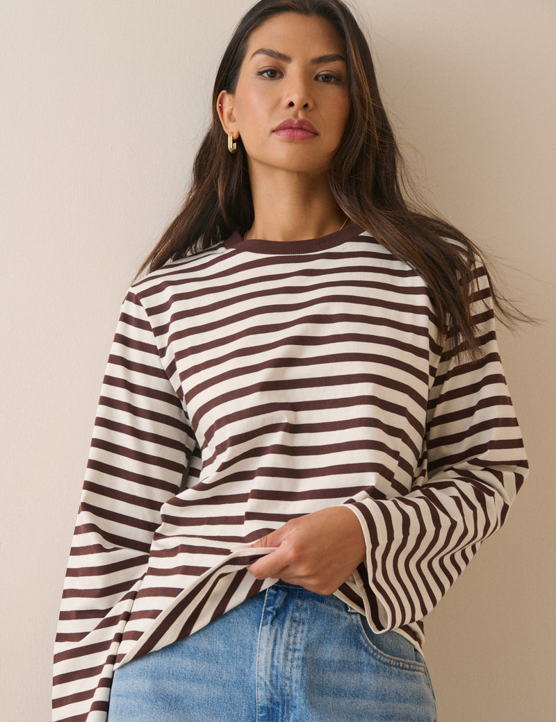 Brown Striped Wide Sleeve Jersey Top