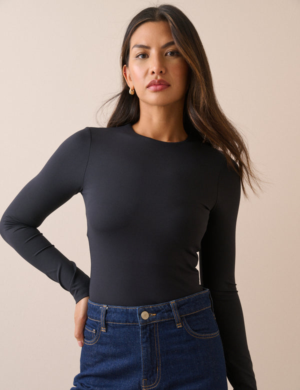 Black Jersey Fitted Long Sleeve Top
