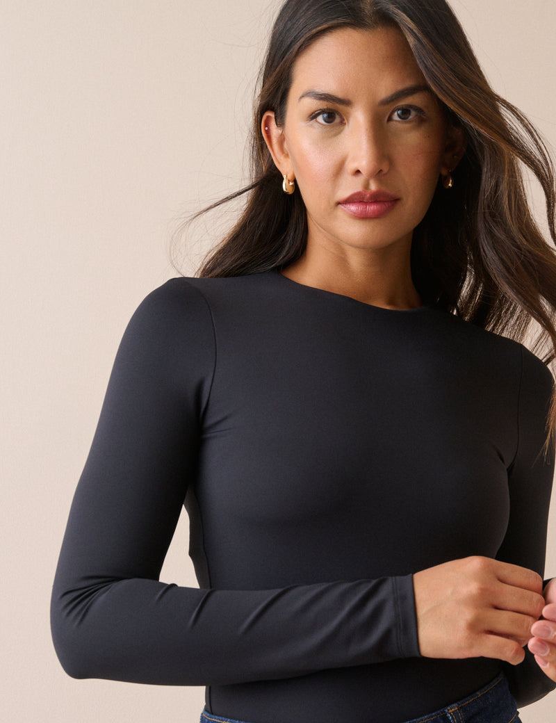 Black Jersey Fitted Long Sleeve Top