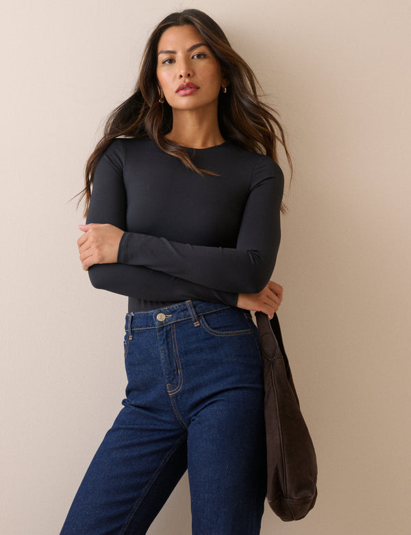 Black Jersey Fitted Long Sleeve Top