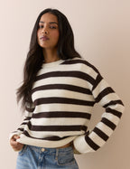 Brown and White Striped Crew Neck Jumper