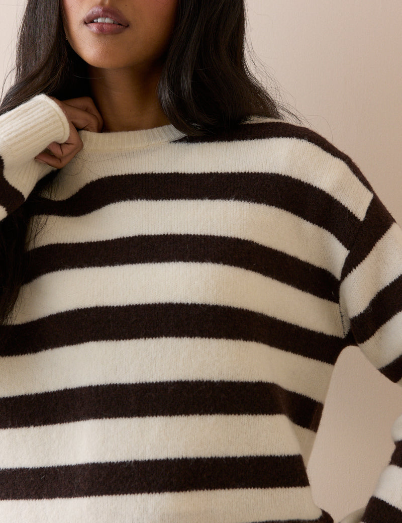 Brown and White Striped Crew Neck Jumper