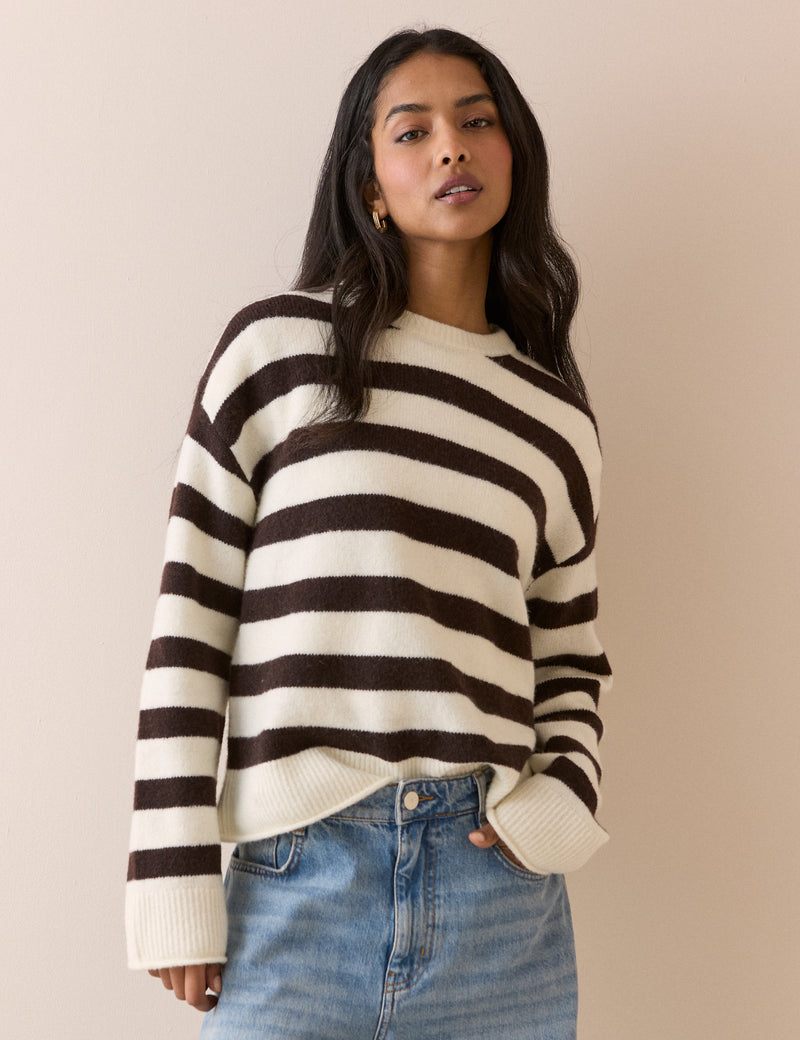 Brown and White Striped Crew Neck Jumper