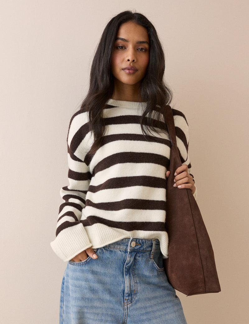 Brown and White Striped Crew Neck Jumper