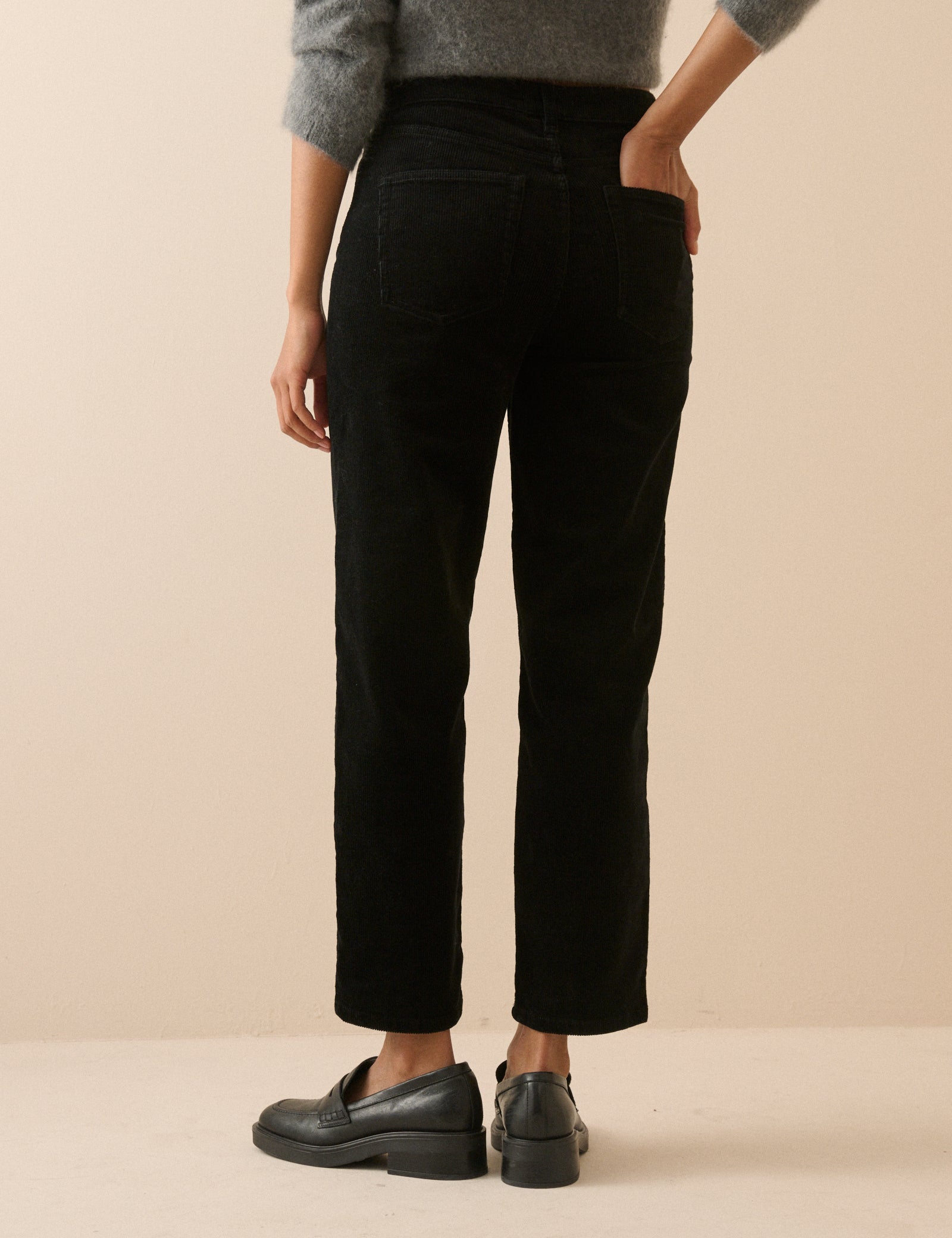 Black Cord Mid Rise Camden Tapered Jeans