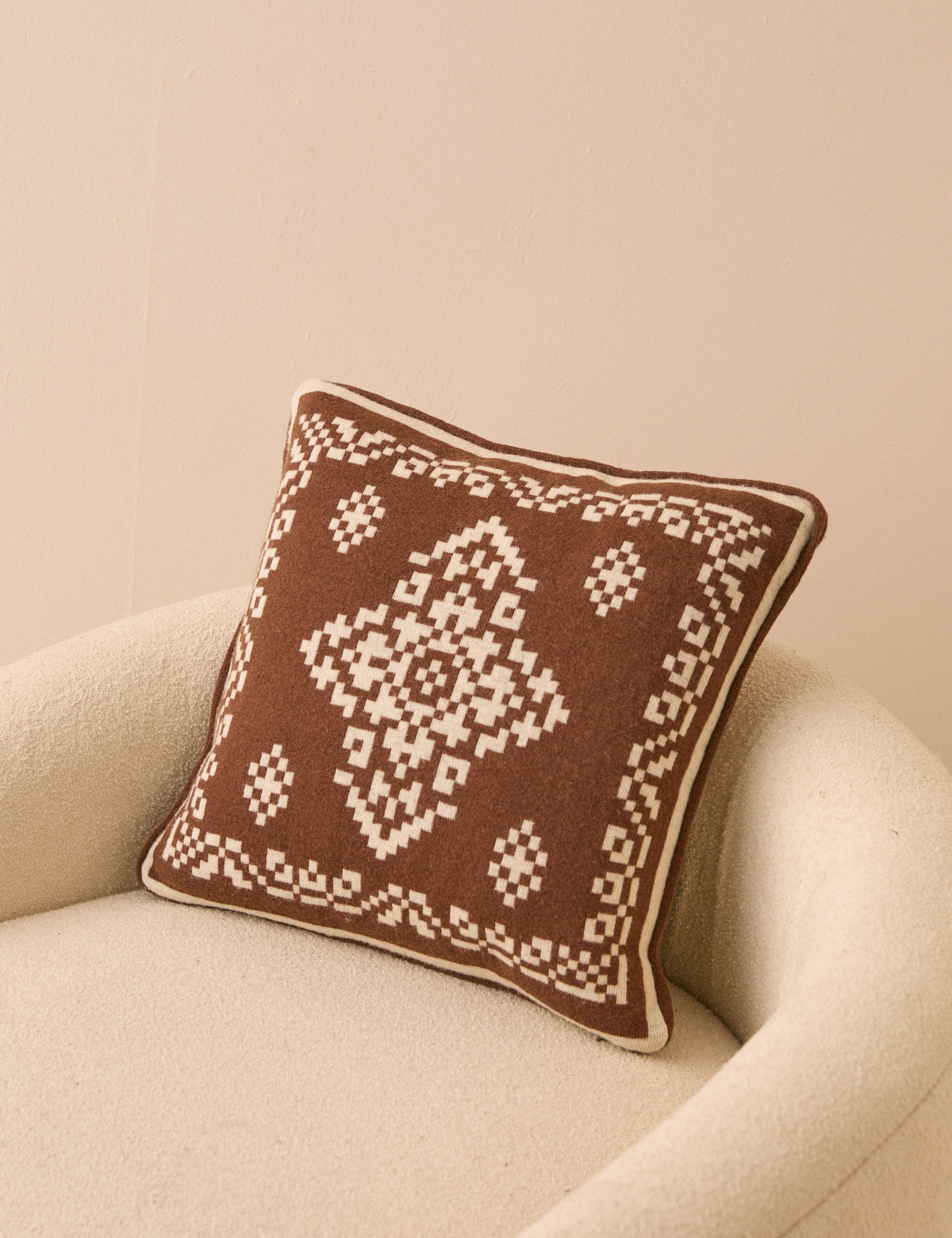 Brown and Cream Fair Isle Knitted Cushion Cover
