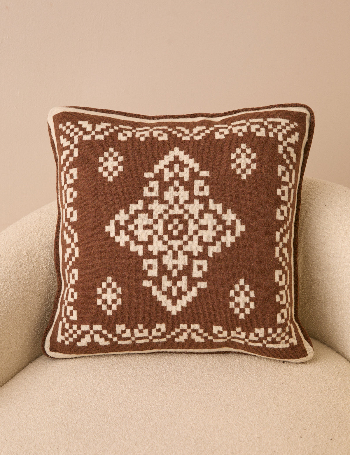 Brown and Cream Fair Isle Knitted Cushion Cover