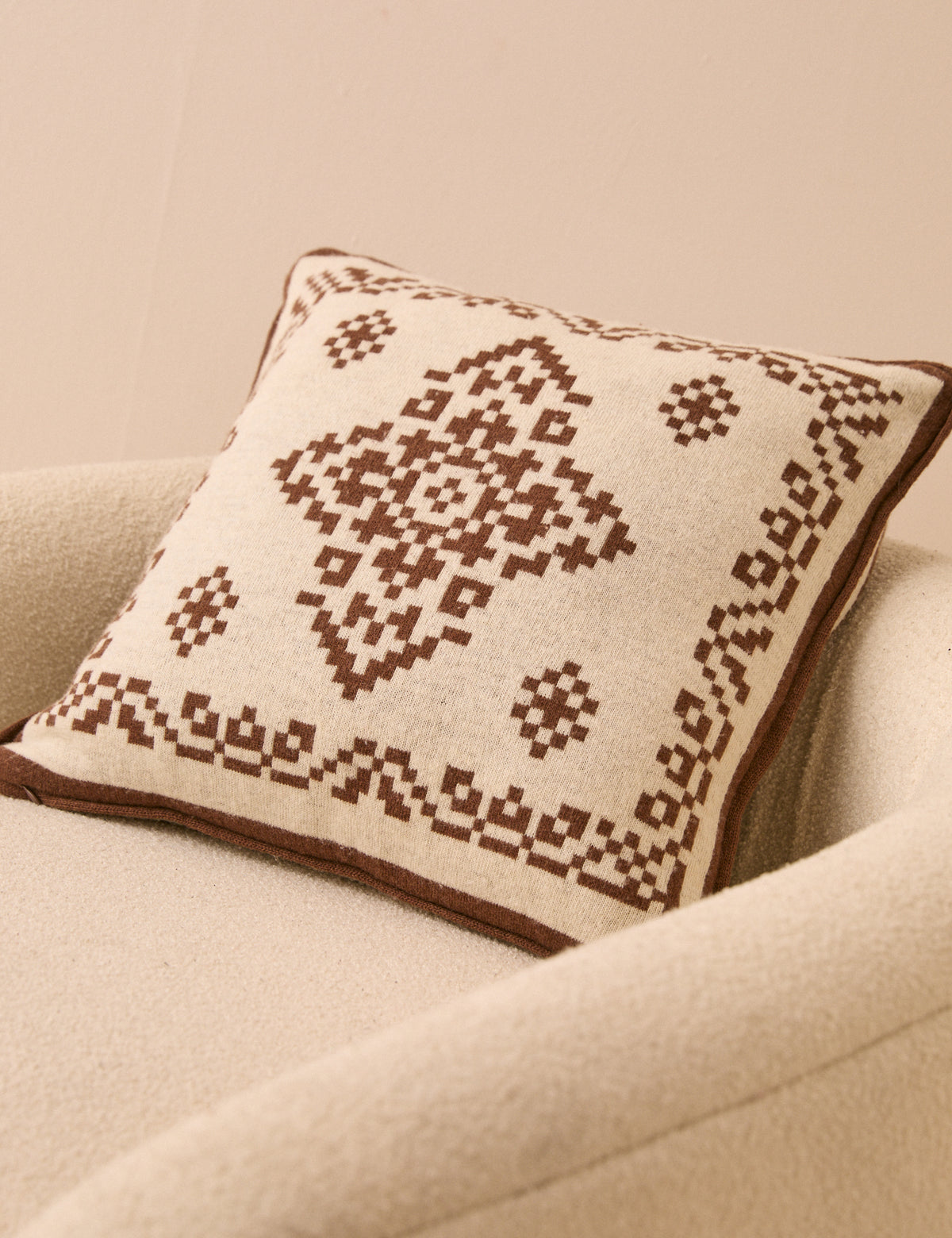 Brown and Cream Fair Isle Knitted Cushion Cover