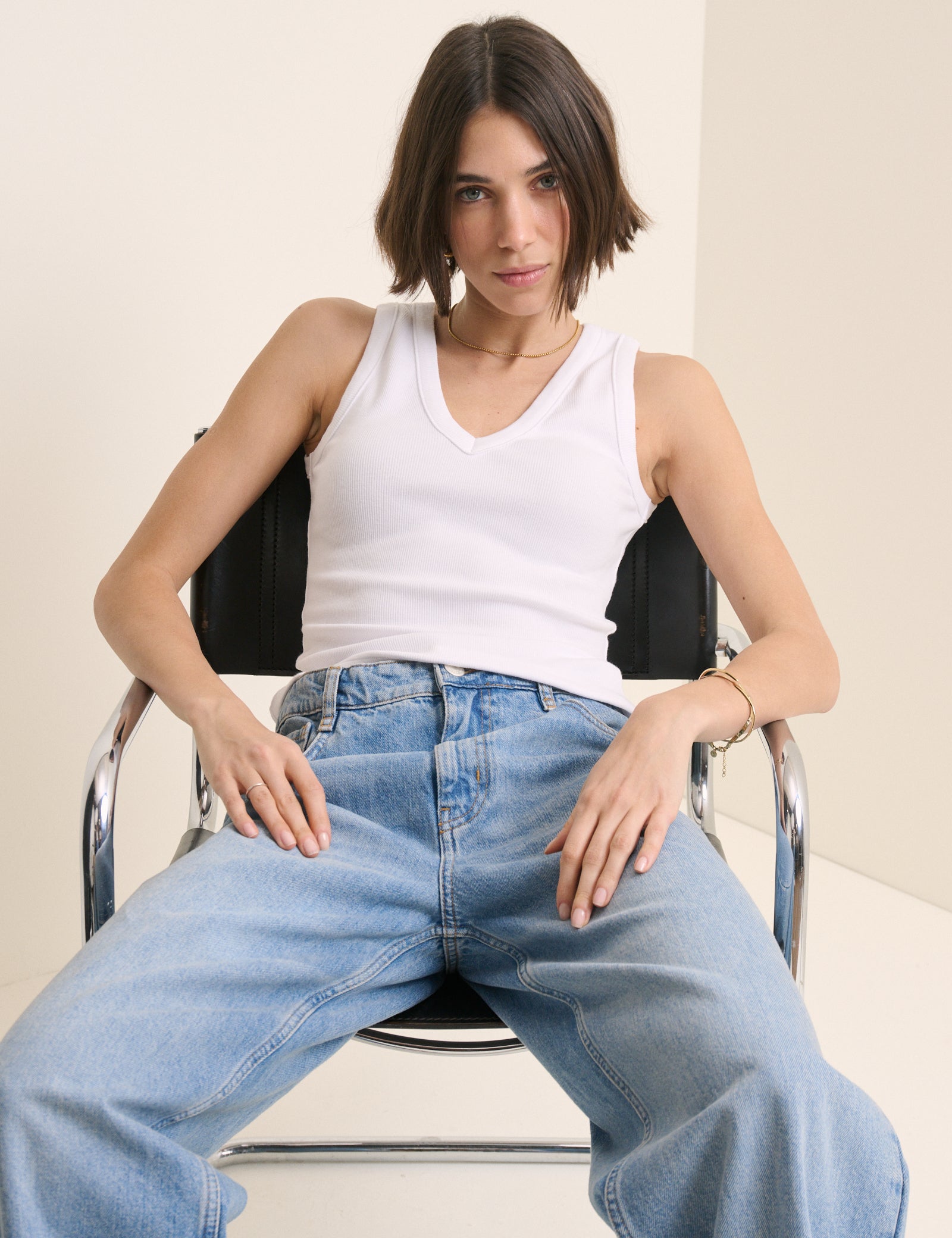 White Ribbed V-Neck Vest