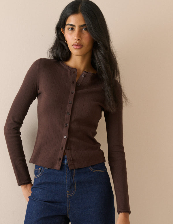 Chocolate Brown Pointelle Jersey Cardigan
