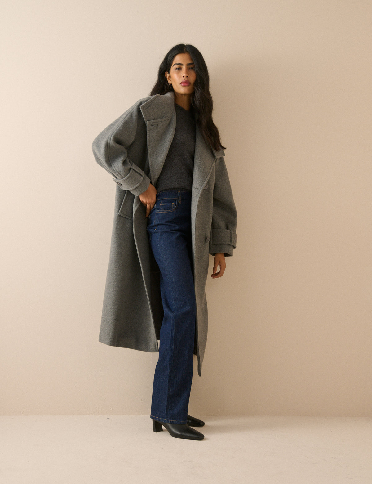 Grey Funnel Neck Wool-Blend Coat