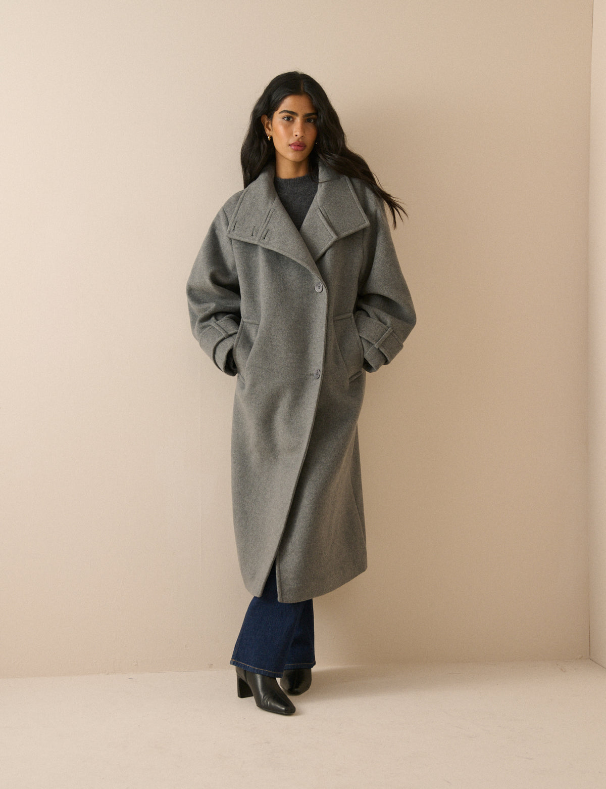 Grey Funnel Neck Wool-Blend Coat