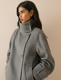 Grey Funnel Neck Wool-Blend Coat