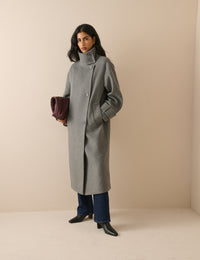 Grey Funnel Neck Wool-Blend Coat