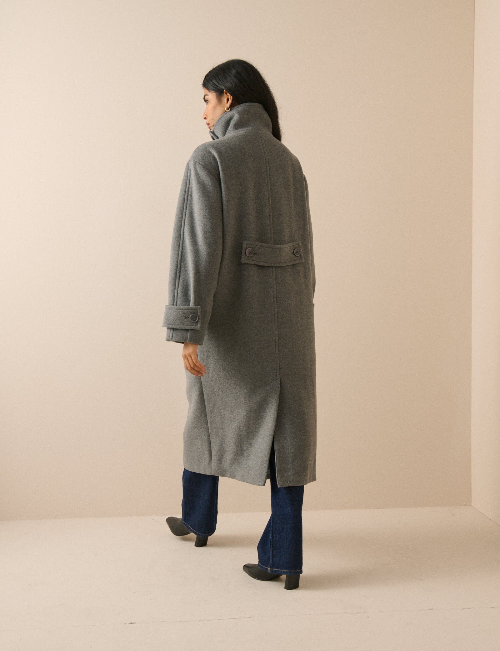 Grey Funnel Neck Wool-Blend Coat
