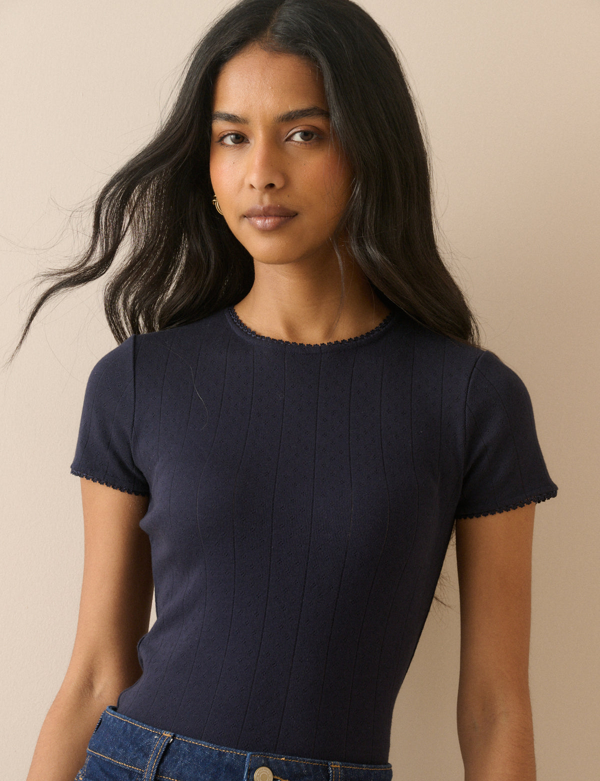 Navy Pointelle Lace Trim T-Shirt