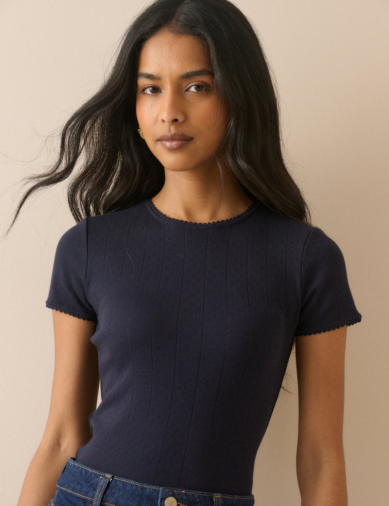 Navy Pointelle Lace Trim T-Shirt
