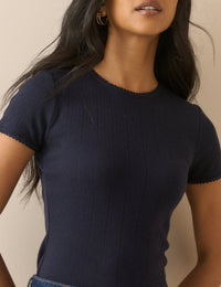 Navy Pointelle Lace Trim T-Shirt