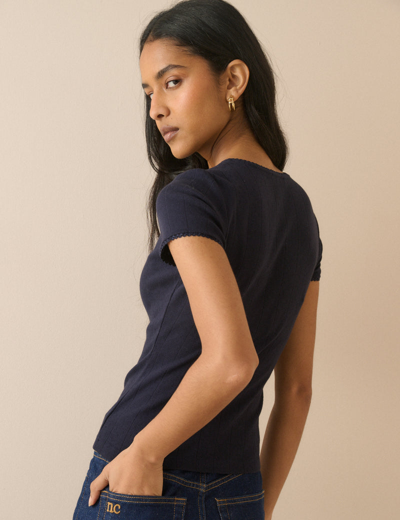 Navy Pointelle Lace Trim T-Shirt