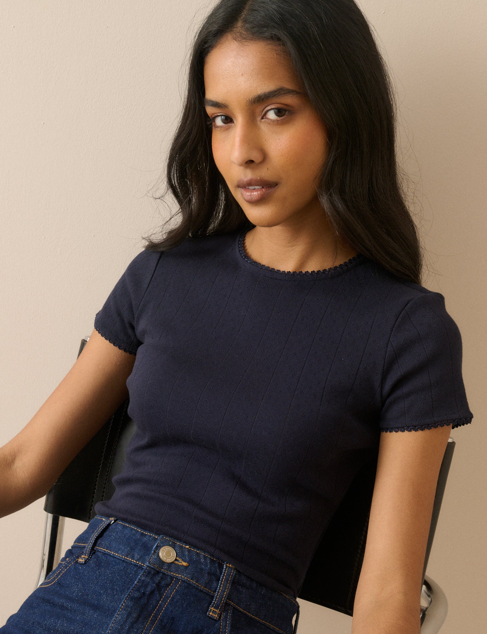 Navy Pointelle Lace Trim T-Shirt