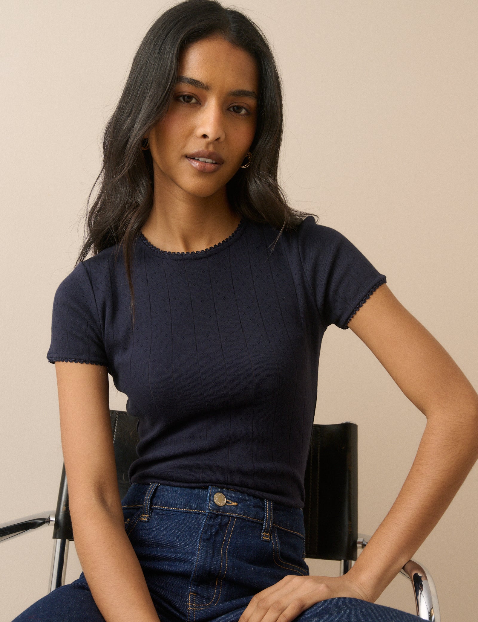 Navy Pointelle Lace Trim T-Shirt