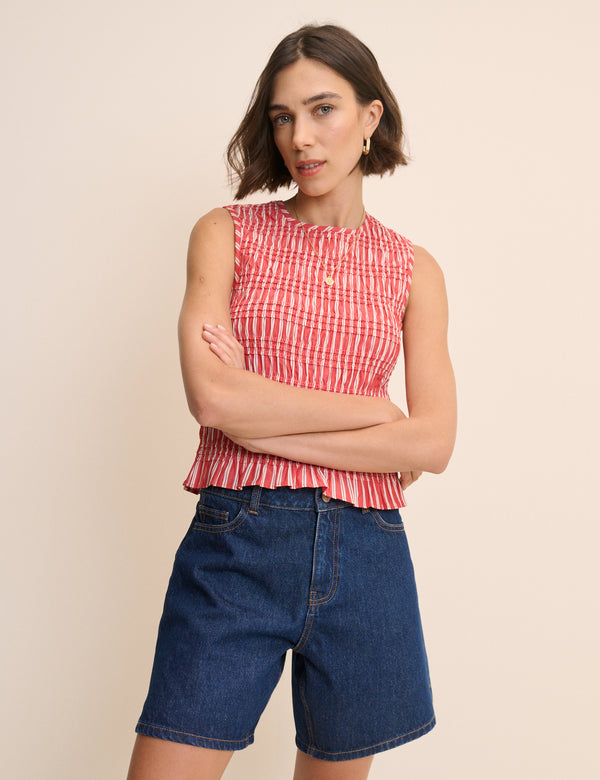 Red Striped Shirred Sleeveless Top