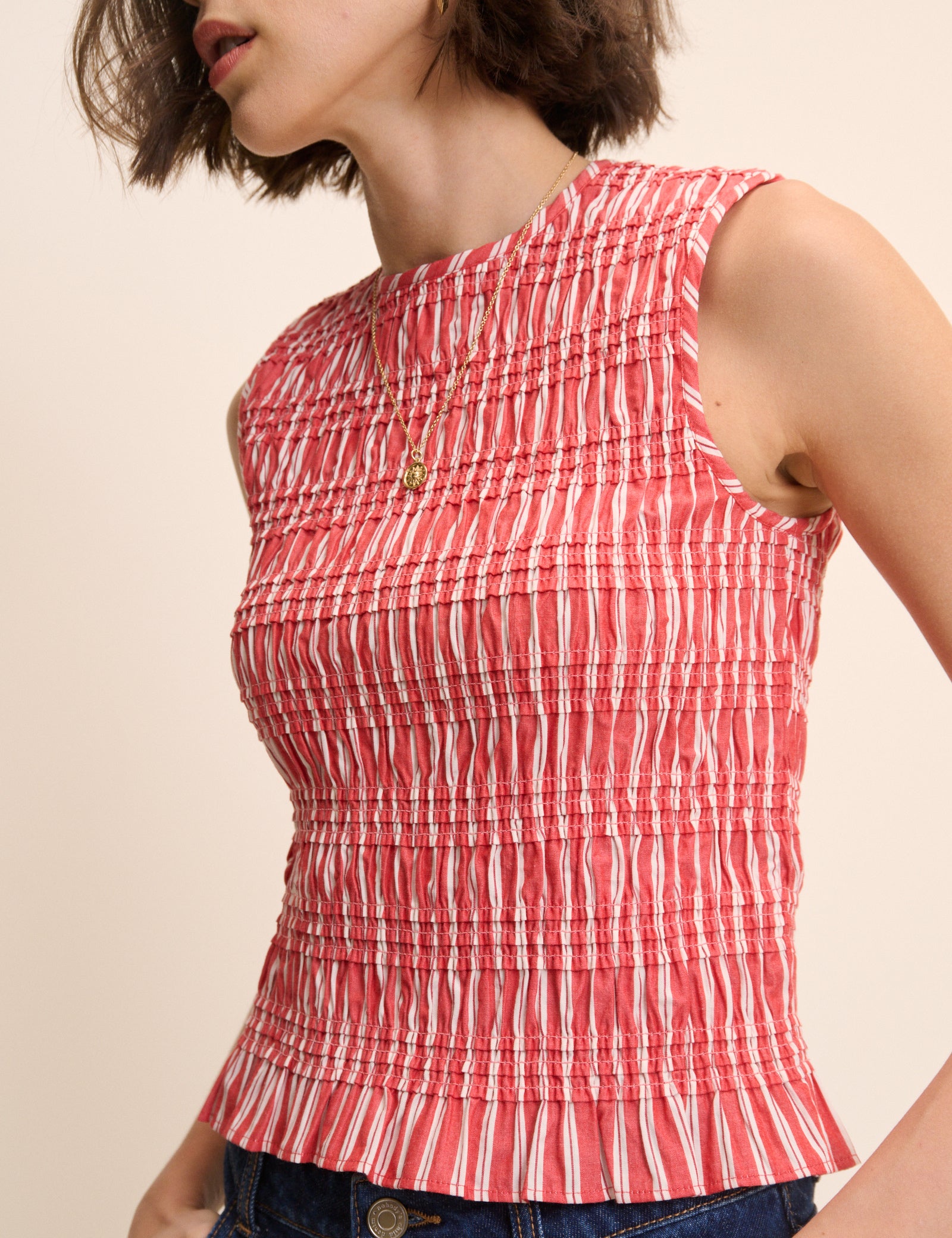 Red Striped Shirred Sleeveless Top