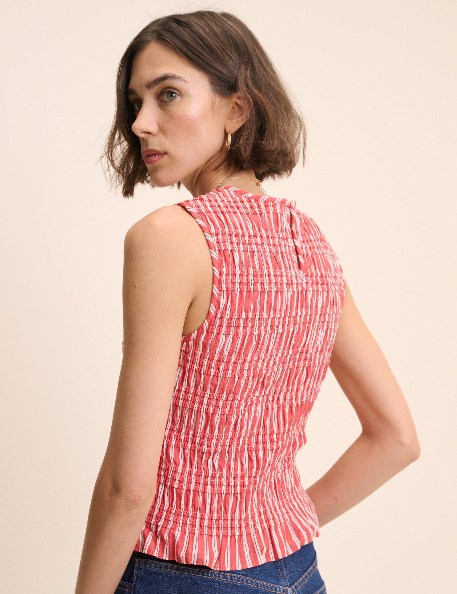 Red Striped Shirred Sleeveless Top