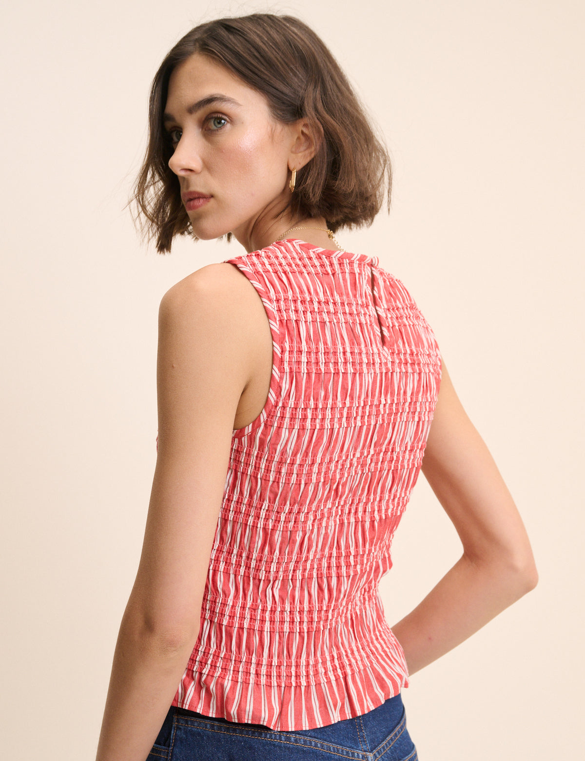 Red Striped Shirred Top