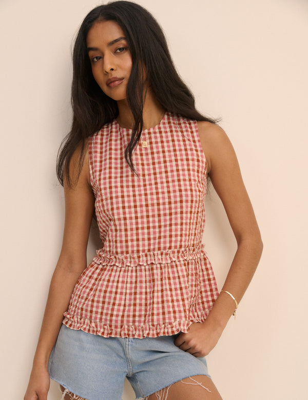 Burgundy and Pink Gingham Frilled Vanessa Peplum Top
