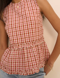 Burgundy and Pink Gingham Frilled Vanessa Peplum Top
