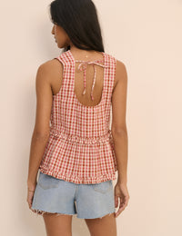 Burgundy and Pink Gingham Frilled Vanessa Peplum Top