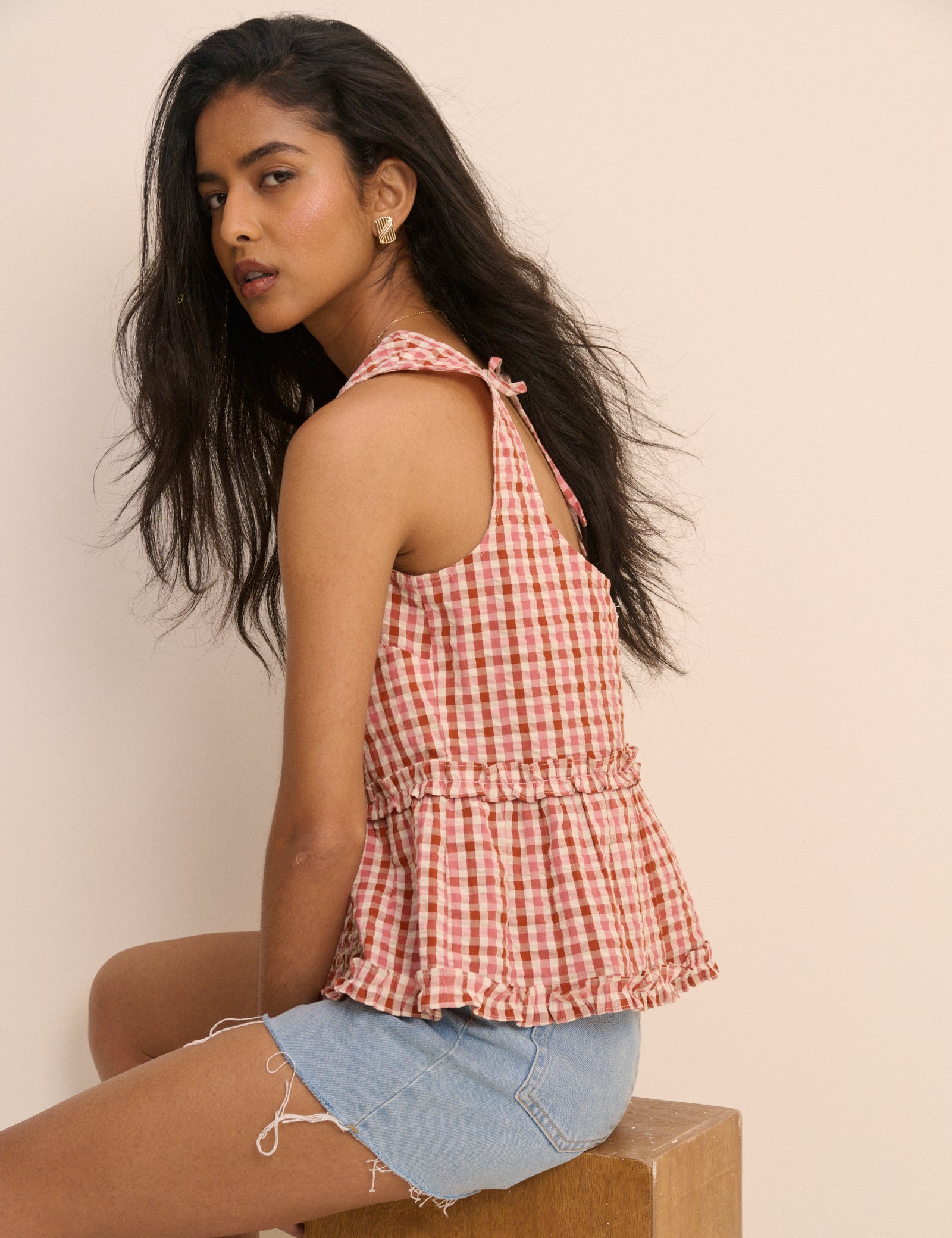 Burgundy and Pink Gingham Frilled Vanessa Peplum Top