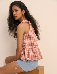Burgundy and Pink Gingham Frilled Vanessa Peplum Top