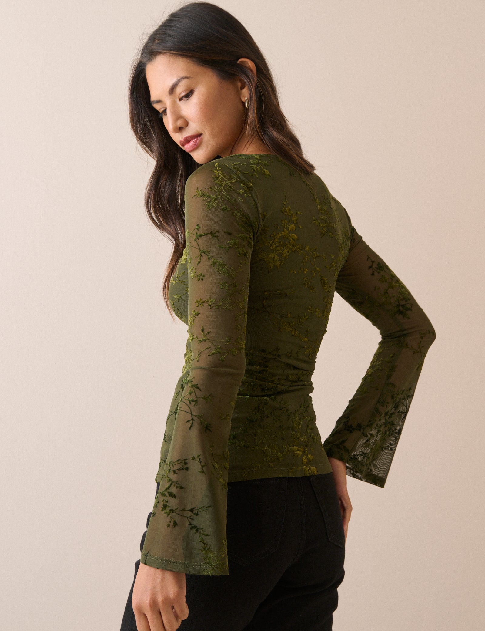 Khaki Floral Mesh Long Sleeve Top