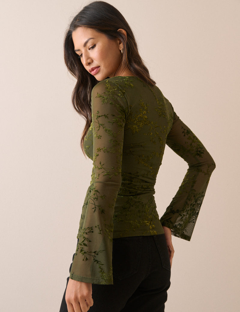 Khaki Floral Mesh Long Sleeve Top