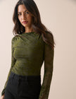 Khaki Floral Mesh Long Sleeve Top