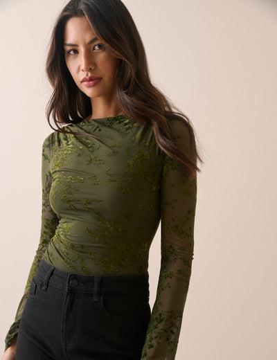 Khaki Floral Mesh Long Sleeve Top