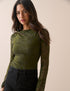 Khaki Floral Mesh Long Sleeve Top