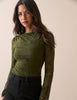 Khaki Floral Mesh Long Sleeve Top