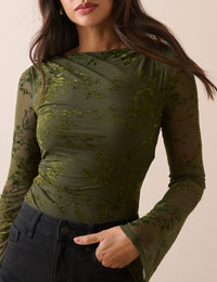 Khaki Floral Mesh Long Sleeve Top