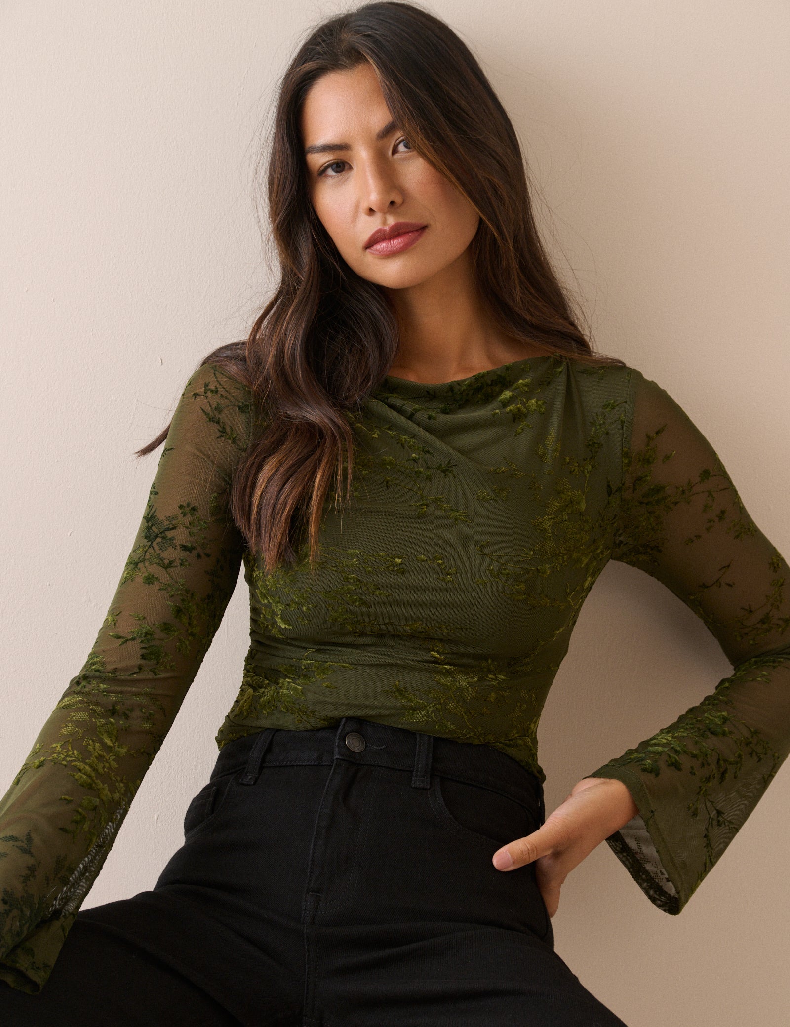 Khaki Floral Mesh Long Sleeve Top