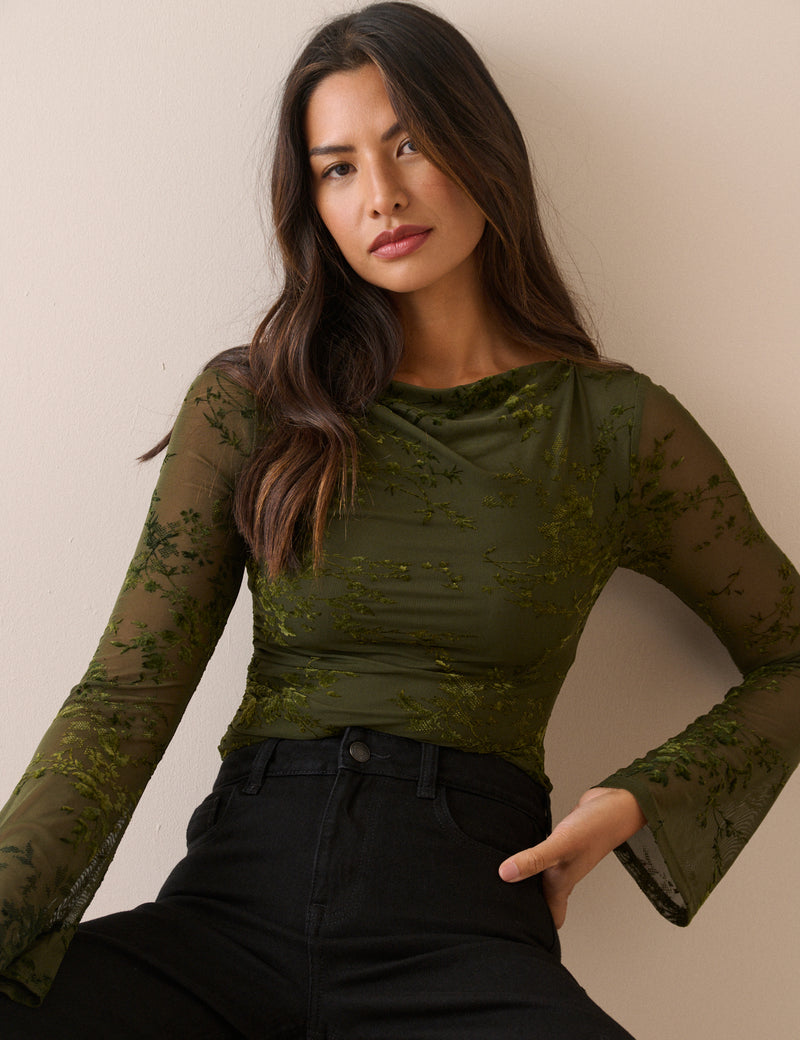 Khaki Floral Mesh Long Sleeve Top