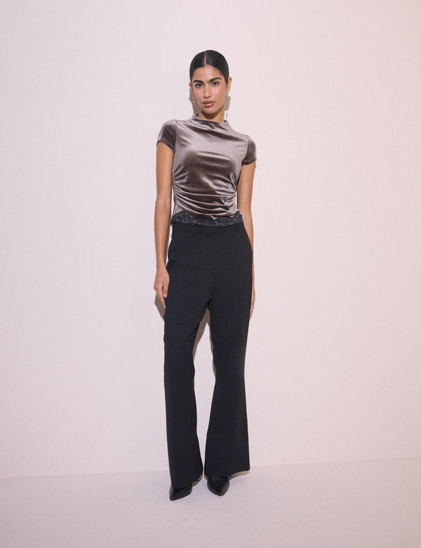 Brown Lace Trim Velvet Top