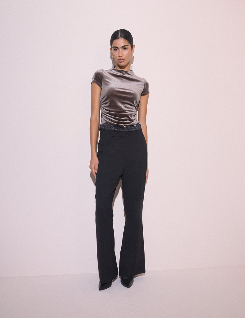 Brown Lace Trim Velvet Top