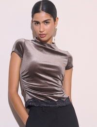 Brown Lace Trim Velvet Top