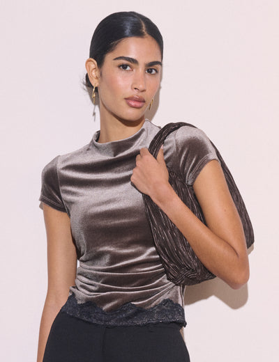 Brown Lace Trim Velvet Top