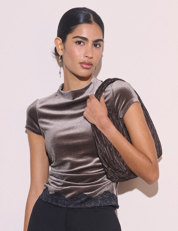 Brown Lace Trim Velvet Top