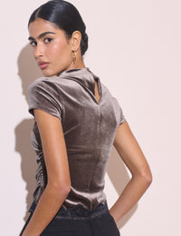 Brown Lace Trim Velvet Top